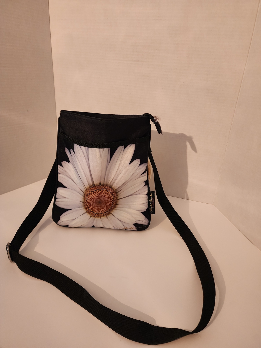 Black Crossbody Bag with White Daisy Print